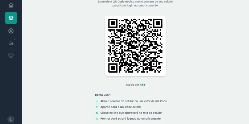 Tela Acessar no Celular do EnsinoSocial com QR Code gerado, cronômetro de expiração marcando 4:56 e passo a passo de uso em quatro etapas