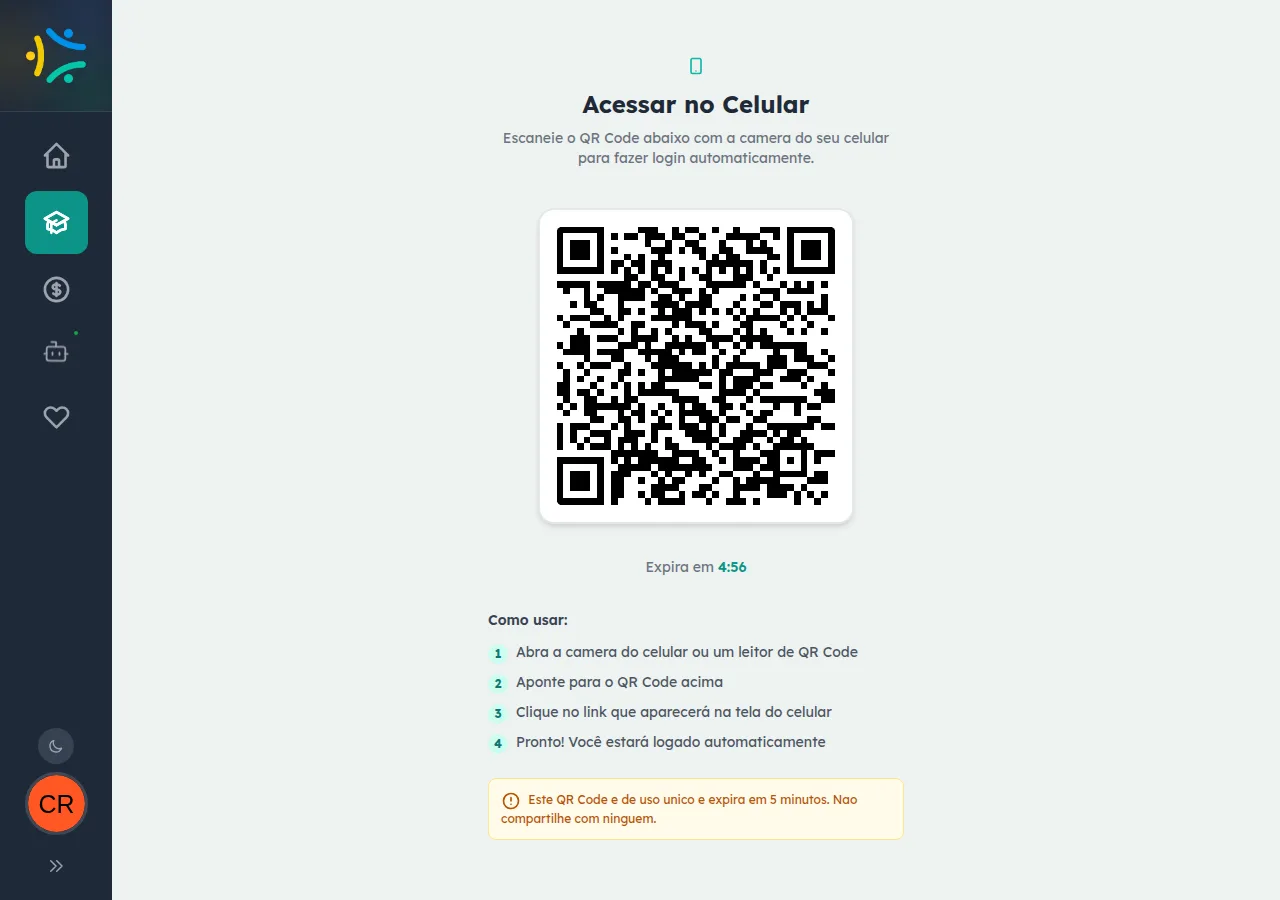 Tela Acessar no Celular do EnsinoSocial com QR Code gerado, cronômetro de expiração marcando 4:56 e passo a passo de uso em quatro etapas