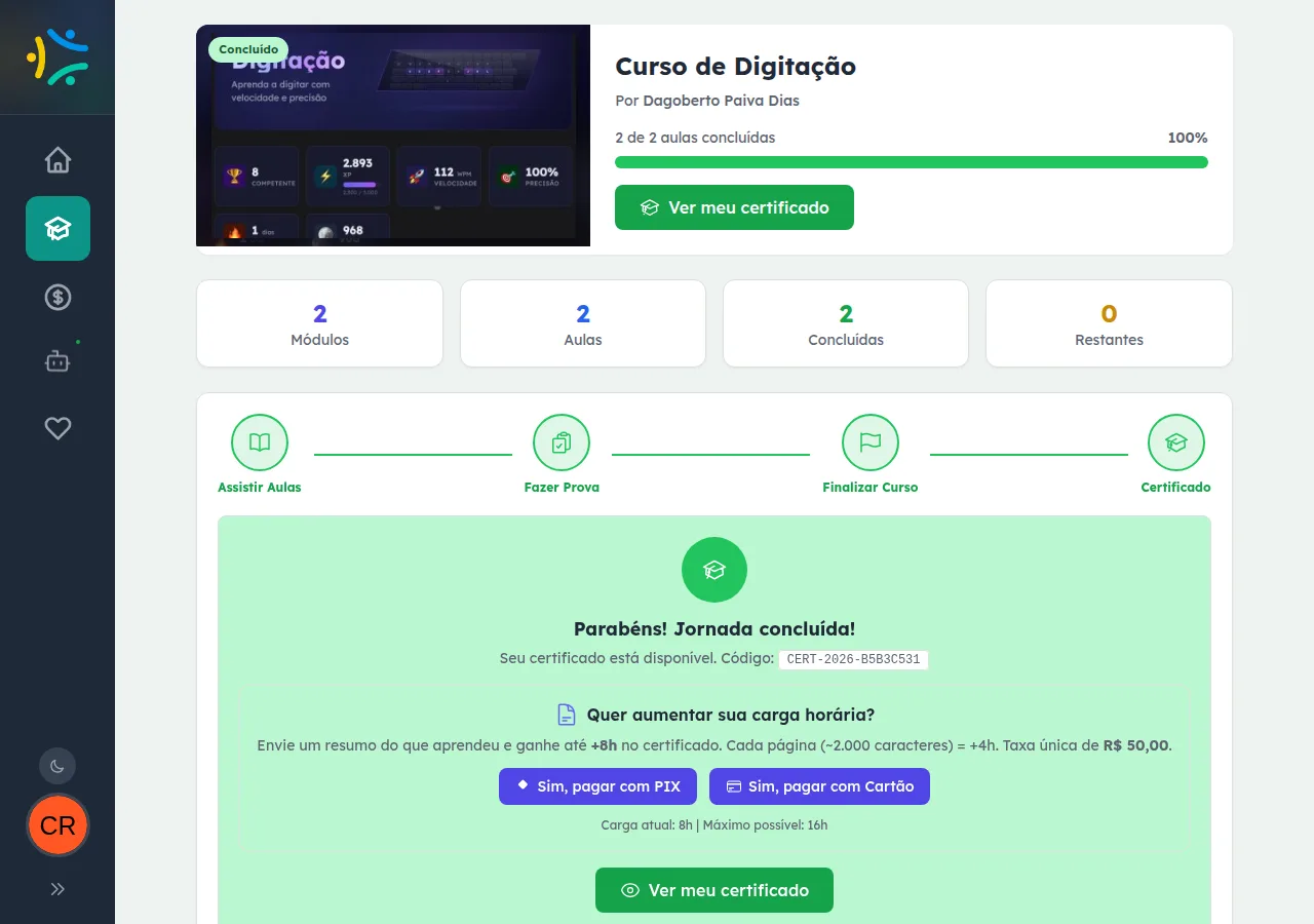 Página de curso concluído no EnsinoSocial com 100% de progresso, mensagem de parabéns, código do certificado e botão Ver meu certificado
