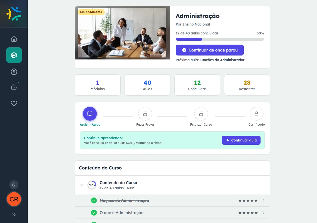 Página do curso Administração na área do aluno com 12 de 40 aulas concluídas (30%), botão Continuar de onde parou e a próxima aula indicada pelo nome