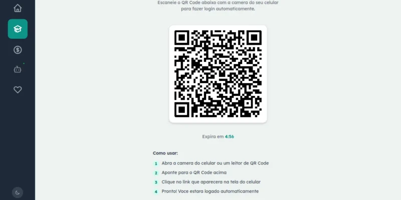 Tela Acessar no Celular com o QR Code gerado, o cronômetro de expiração e o passo a passo de como escanear com o celular
