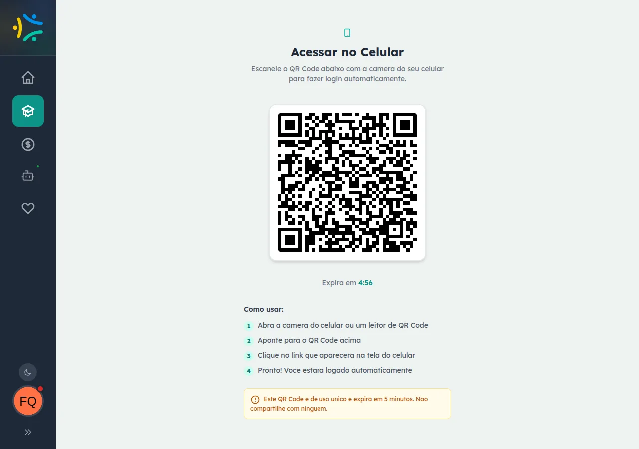 Tela Acessar no Celular com o QR Code gerado, o cronômetro de expiração e o passo a passo de como escanear com o celular