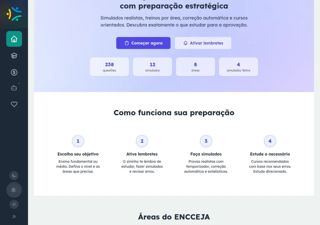 Página inicial do módulo ENCCEJA do EnsinoSocial mostrando os simulados, as áreas do exame e a proposta de preparação