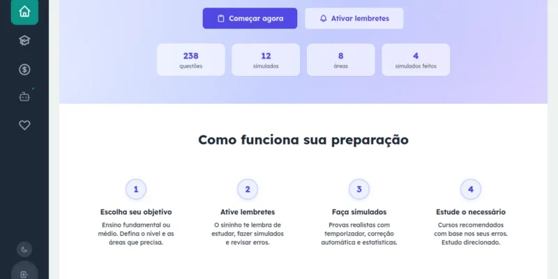 Página inicial do módulo ENCCEJA do EnsinoSocial mostrando os simulados, as áreas do exame e a proposta de preparação