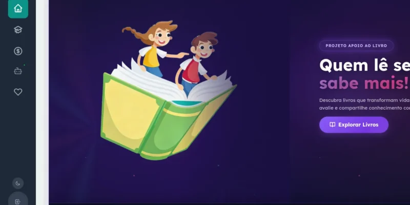Página inicial do catálogo Projeto Apoio ao Livro com banner, campo de busca e trilhas de livros por tema.