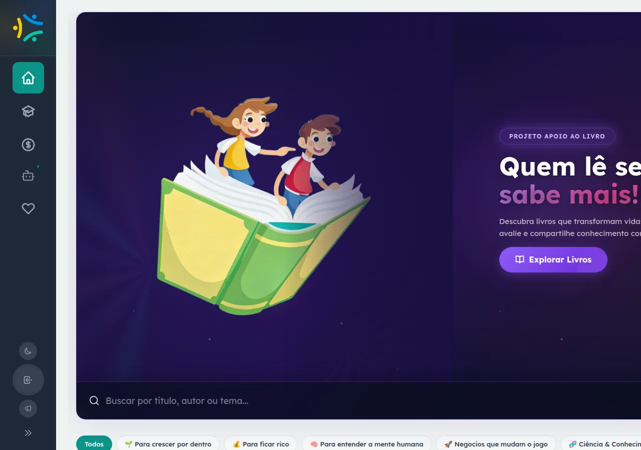 Página inicial do catálogo Projeto Apoio ao Livro com banner, campo de busca e trilhas de livros por tema.