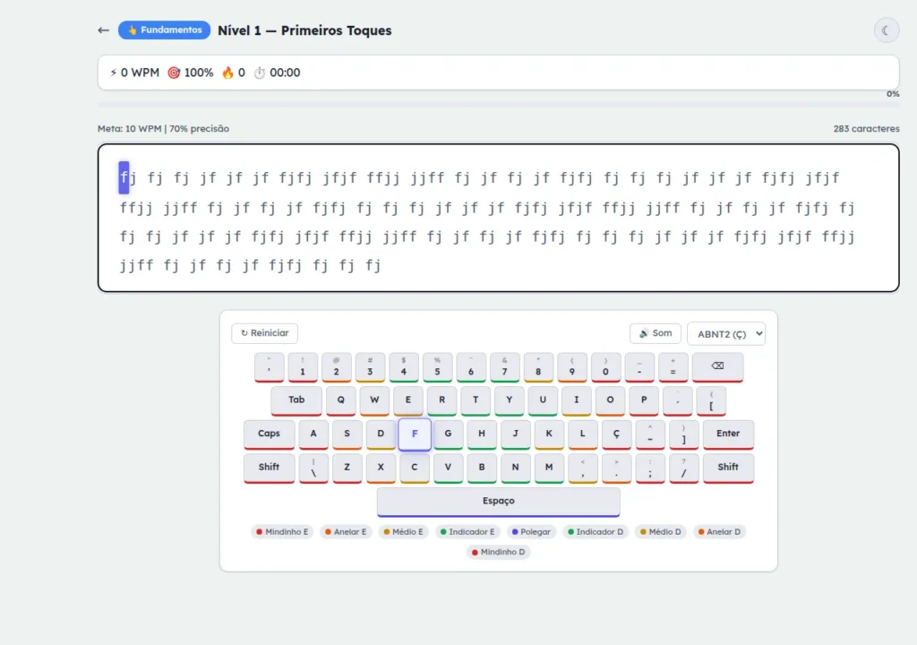 Tela de exercício com teclado virtual ABNT2 destacando a próxima tecla e indicadores de WPM, precisão e combo
