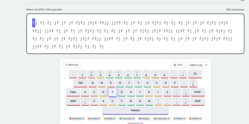 Tela de exercício com teclado virtual ABNT2 destacando a próxima tecla e indicadores de WPM, precisão e combo