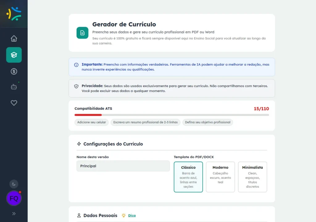 Gerador de Currículo em uso, com o indicador de Compatibilidade ATS e o formulário de preenchimento