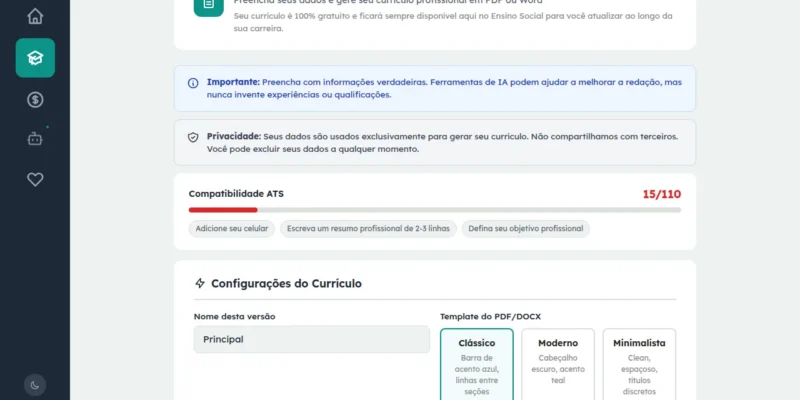Gerador de Currículo em uso, com o indicador de Compatibilidade ATS e o formulário de preenchimento