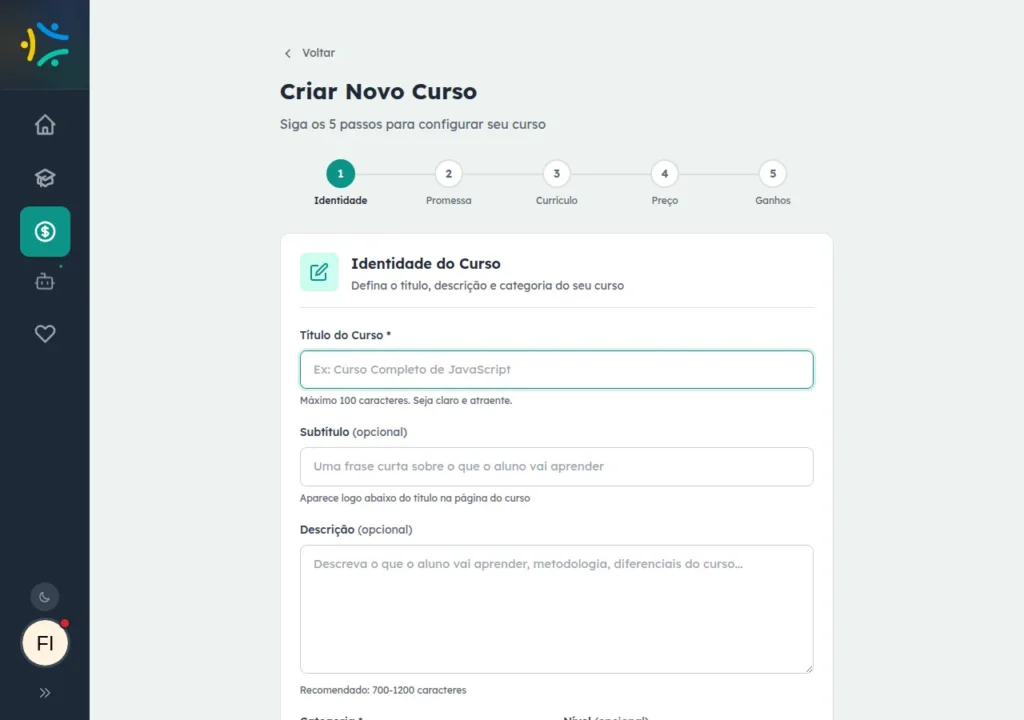 Assistente de criação de curso do Studio com as etapas Identidade, Promessa, Currículo, Preço e Ganhos