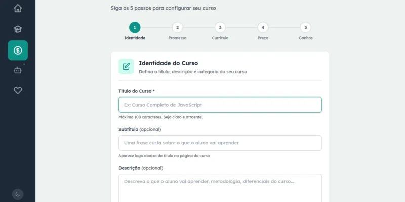 Assistente de criação de curso do Studio com as etapas Identidade, Promessa, Currículo, Preço e Ganhos