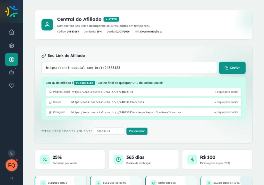 Central do Afiliado logada com link exclusivo, botão de copiar e quatro cards de estatísticas