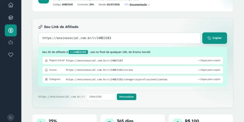 Central do Afiliado logada com link exclusivo, botão de copiar e quatro cards de estatísticas