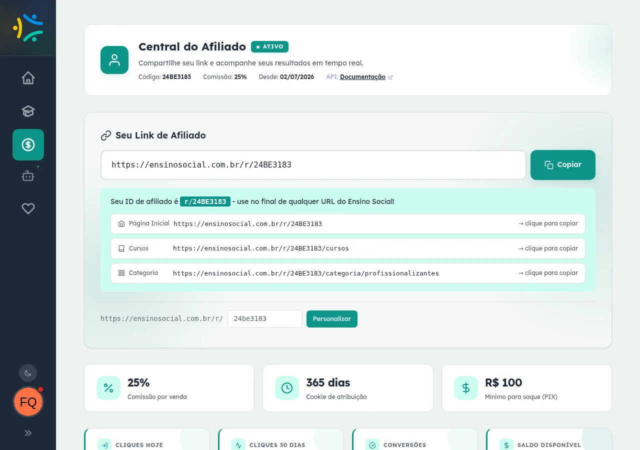 Central do Afiliado logada com link exclusivo, botão de copiar e quatro cards de estatísticas