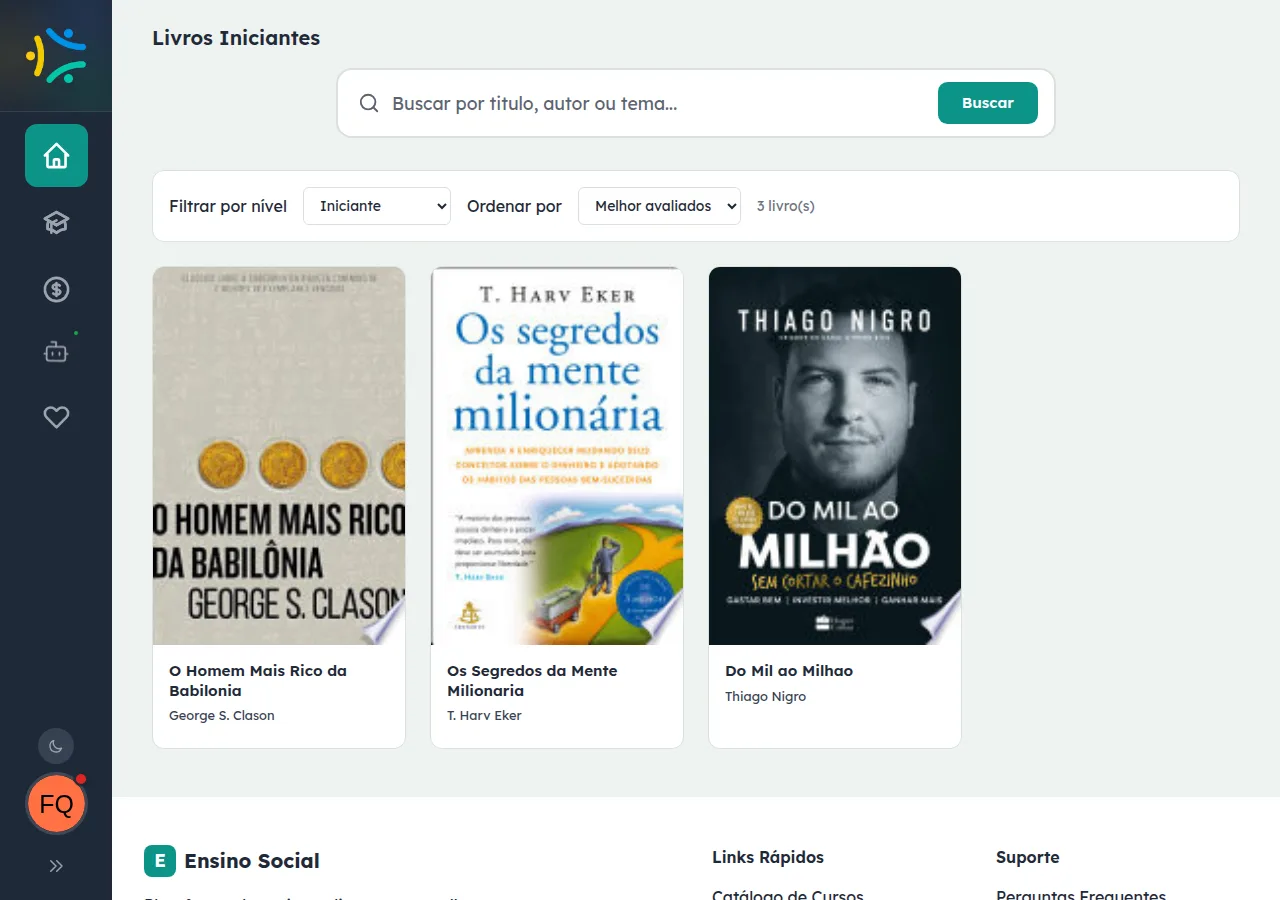 Catálogo em modo listagem com filtro de nível Iniciante e ordenação por melhor avaliados, mostrando o grid de capas.