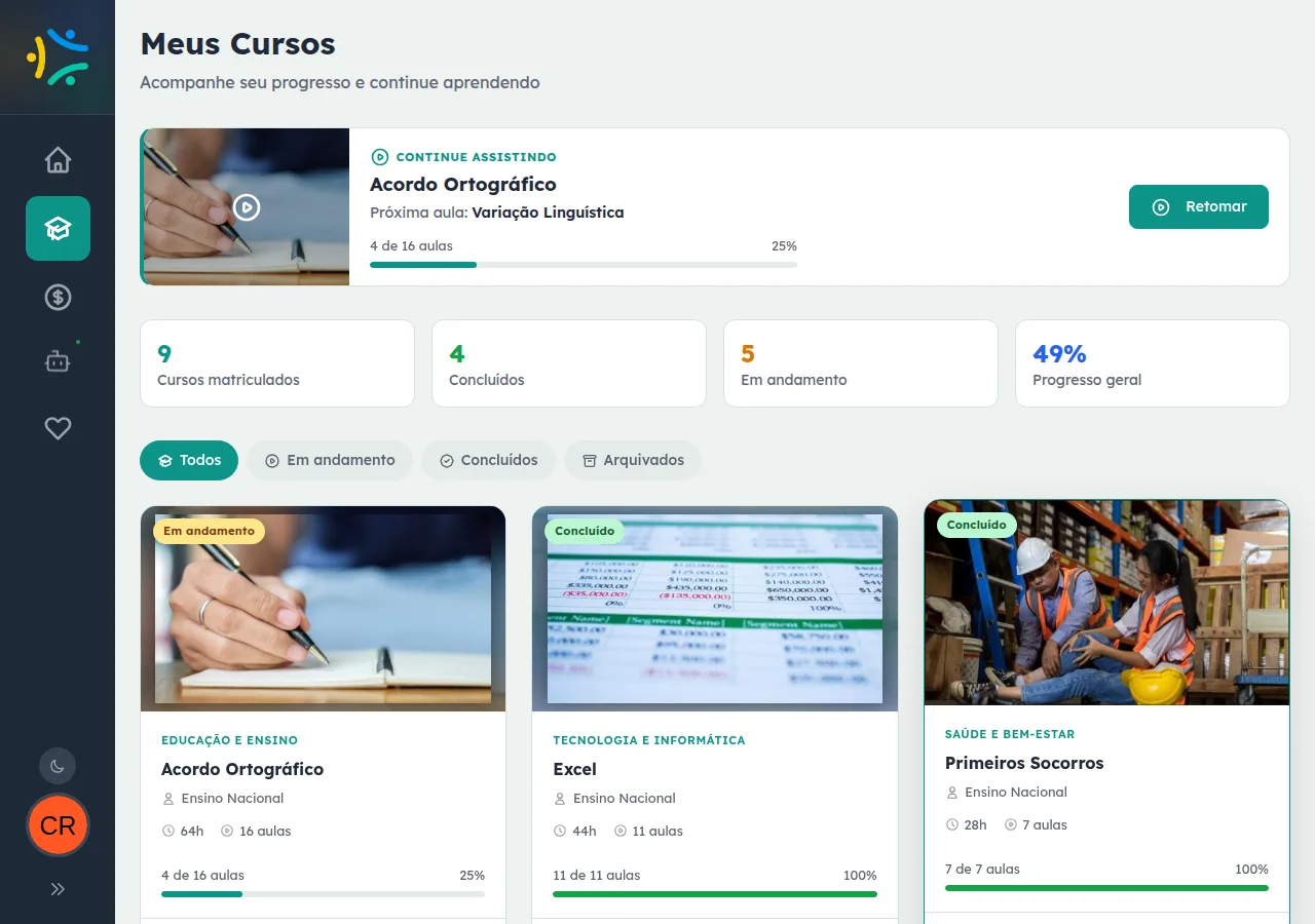 Página Meus Cursos de uma aluna com 9 cursos matriculados, 4 concluídos, 5 em andamento e 49% de progresso geral, com destaque para retomar o curso Acordo Ortográfico